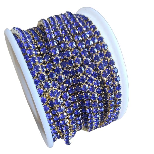 Cadena Strass Azul Base Dorada 3mm Bisucrea