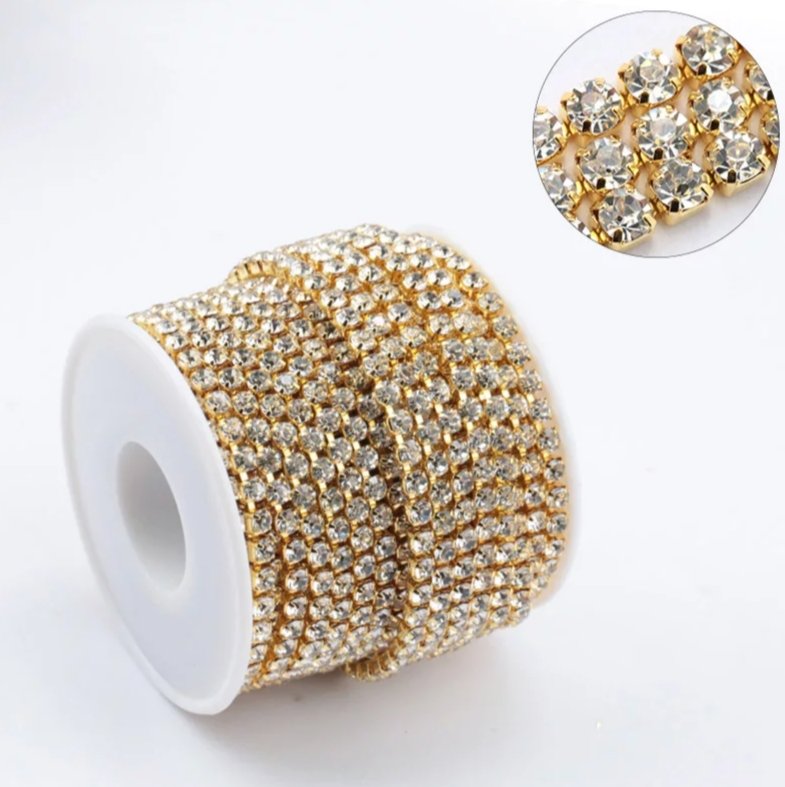 Cadena Strass Plateada 3mm con base dorada Bisucrea